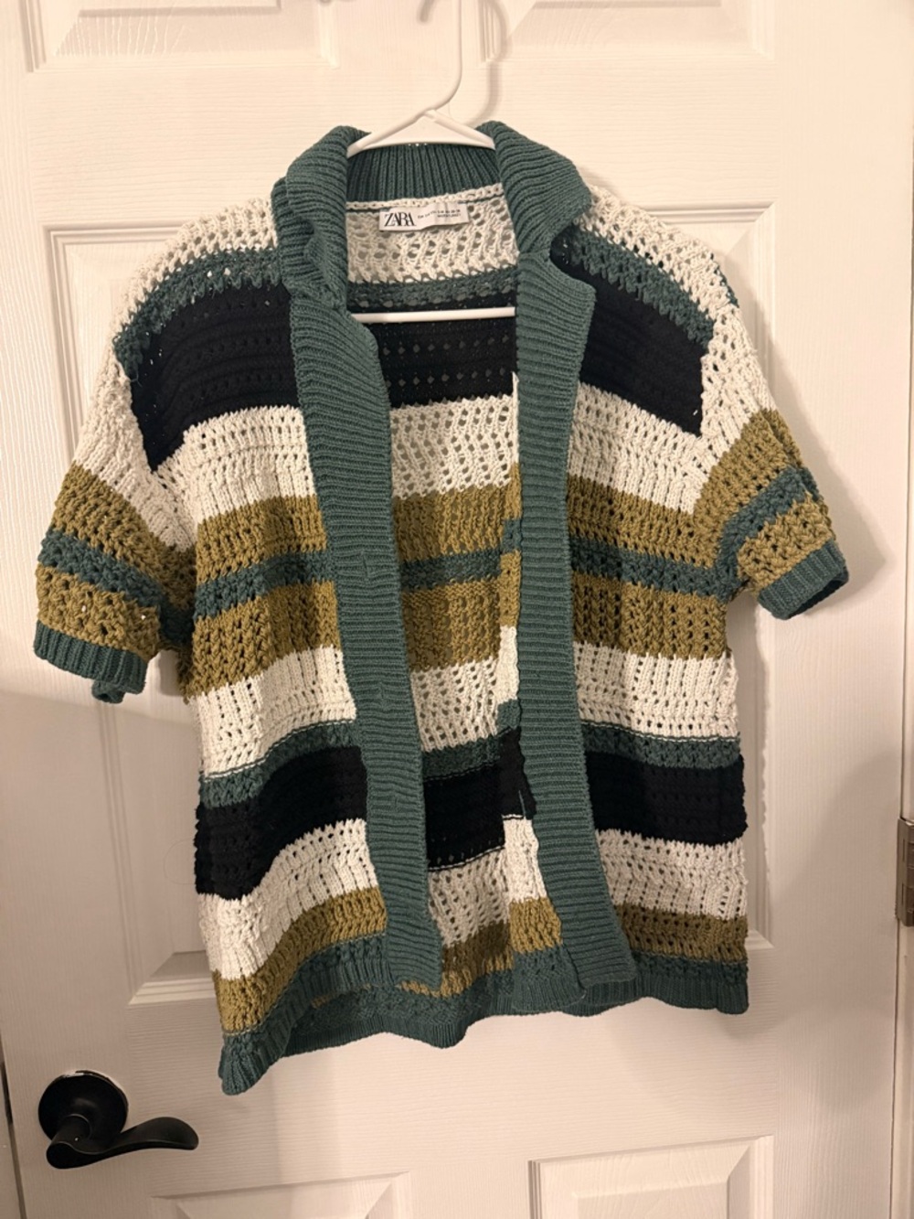 Zara Striped Crochet Short Sleeve Cardigan - Green, White, Black, Mustard